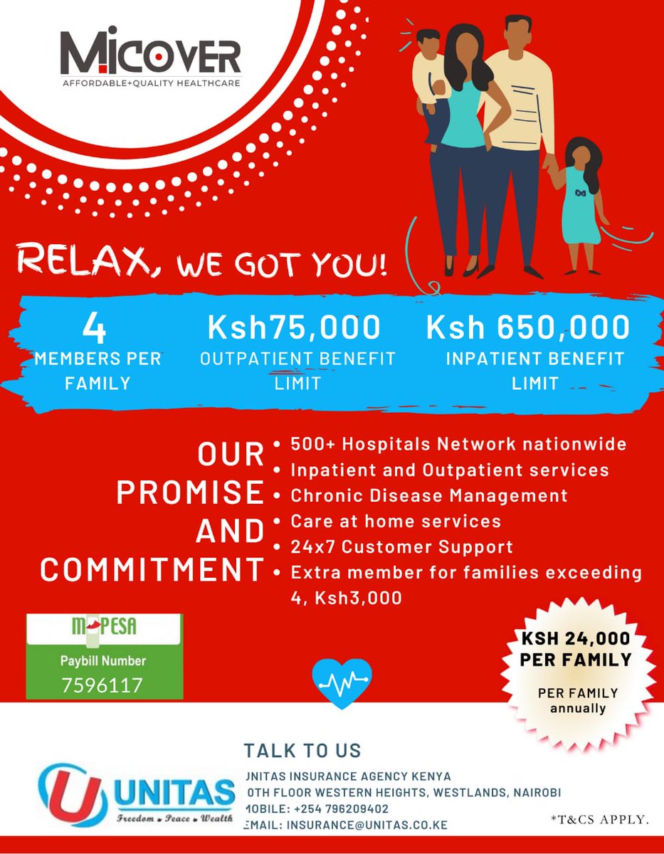 imana_insurance's tweet photo. Did you know that with as little as Ksh.24,000, you can cover up to 4 family members for Ksh.650,000 Inpatient, Ksh.75,000 Outpatient, Ksh.50,000 Maternity, Ksh.10,000 Optical and Ksh.10,000 Dental? Talk to us on 0796209402, Email; insurance@unitas.co.ke #makinginsurancesense https://t.co/Qns57TnMFq