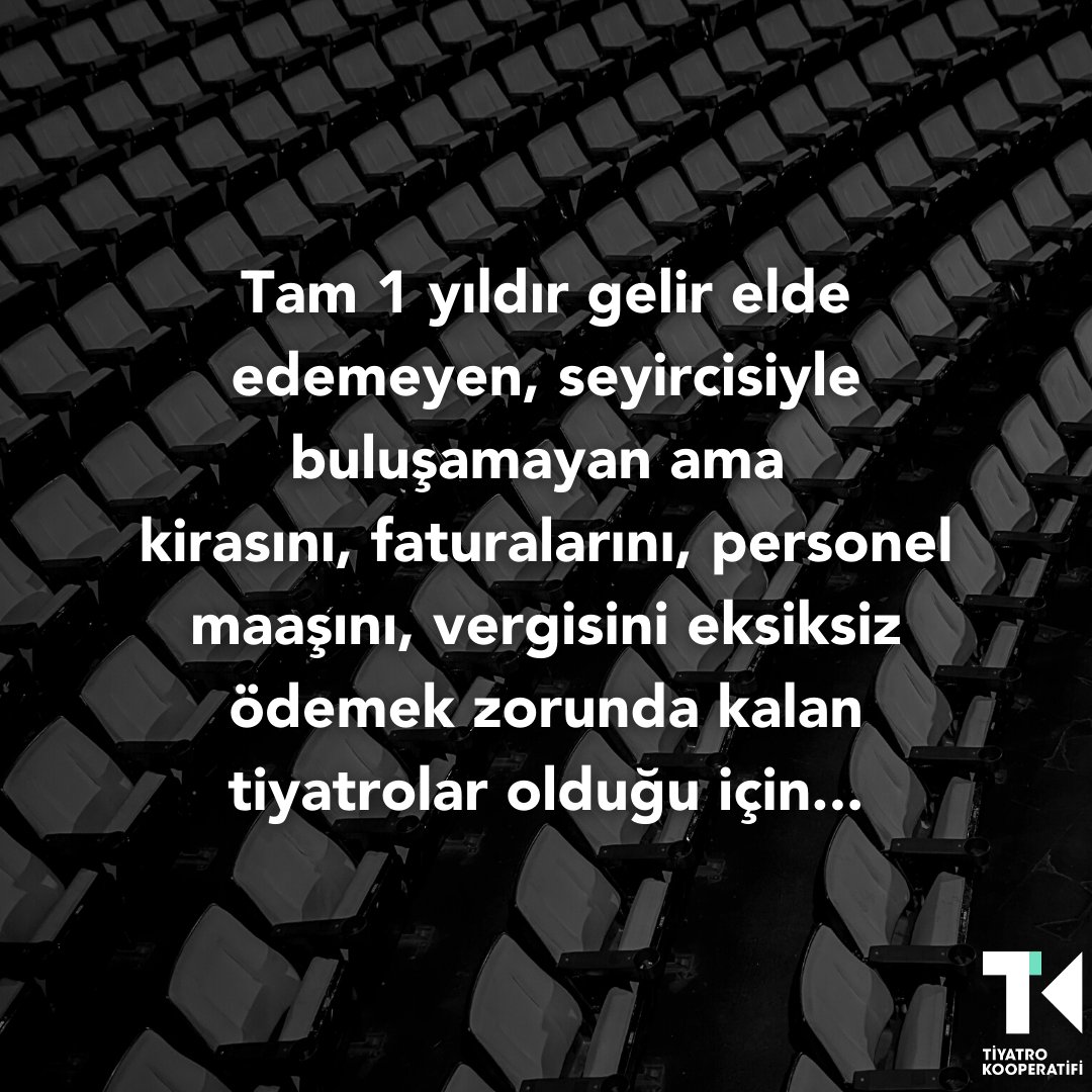 TiyatroKoop's tweet photo. Bu yıl “27 Mart Dünya Tiyatro Günü Kutlu Olsun” diyemiyoruz. Tiyatrolarımızı yaşatabilmek için #AcilÇözümÇağrısı yapıyor; ilgili tüm kamu kurum ve kuruluşlarını sorumlu davranmaya ve kalıcı çözümler üretmeye davet ediyoruz. @TCKulturTurizm @ticaret @HMBakanligi @ibb_kultur https://t.co/qrfZvaf7BK
