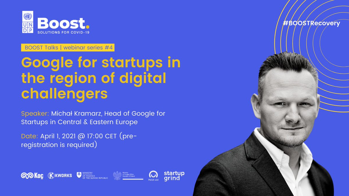 UNDPEurasia's tweet image. Digital transformation will be crucial to weathering the #COVID19 crisis. Join our BOOST Talks webinar with Michal Kramarz, Head of @Google for Startups in CEE, to explore how a digital, tech-driven economy will fuel post-pandemic growth.

Register @ bit.ly/2QwVQn8