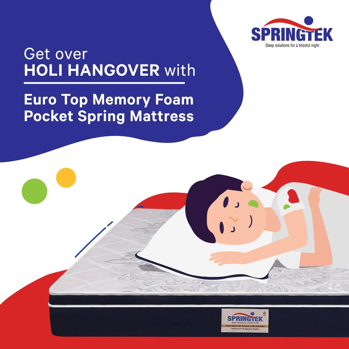 SpringtekM's tweet photo. Enjoy the festival of colors to the fullest and get over Holi Hangover with Euro Top Memory Foam Pocket Spring Mattress. A good sleep is all you need to get over the tiredness and to revive yourself. 
#springtek #holi #holifestival #mattress #bedroomdecor #beddingaccessories https://t.co/vBusLDZ32N