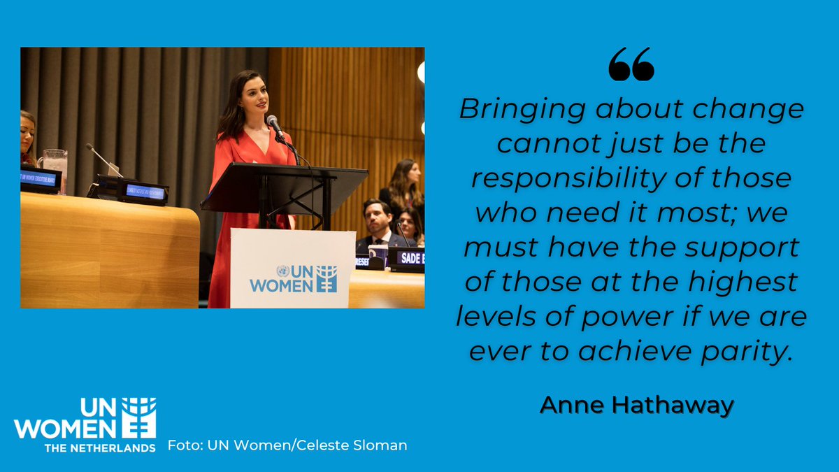 Acteur Anne Hathaway is sinds 2016 UN Women Goodwill Ambassadeur. Zij zet zich in voor een gendergelijke taakverdeling van #zorgtaken, betaalbare #kinderopvang en gedeeld #ouderschapsverlof.

#GoodwillAmbassador #UNWomenGoodwillAmbassador