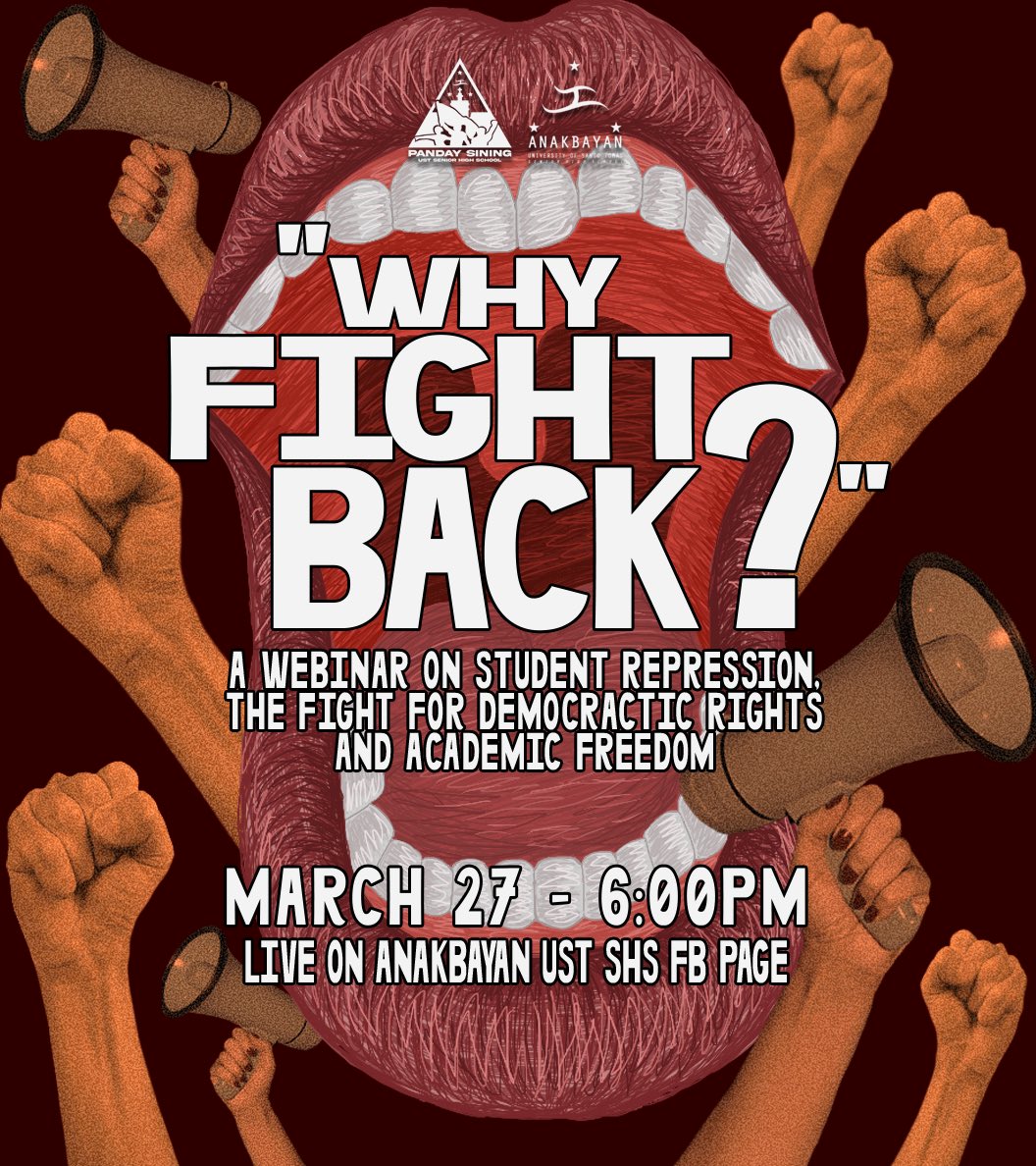 PS_USTSHS's tweet photo. The struggle for academic freedom and democracy rights is not yet finished!
“Why Fight Back?”: A Webinar on Student Repression, the fight for Democractic Rights and Academic Freedom
6 PM via @AnakbayanUSTSHS FB live
Join the discussion!
#SHSFightBack
#CompassionNotRepression https://t.co/l2ijfYU3Kg