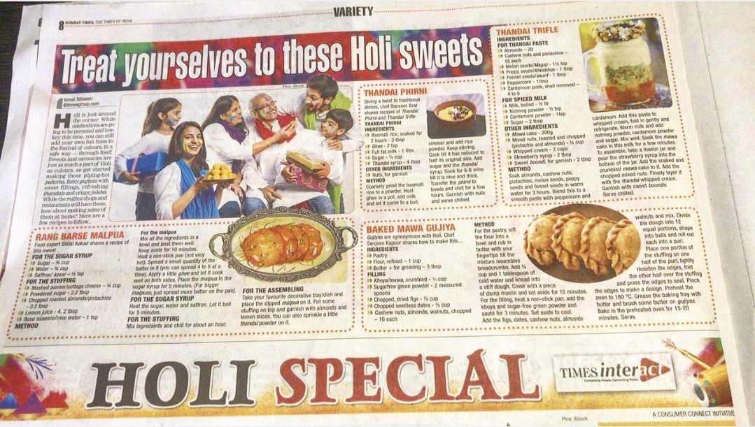 ShitalKakad's tweet photo. An absolute honour to be featured in today's @bombaytimes #Holi Special along with the brilliant Chef @SanjeevKapoor &amp; Chef @ranveerbrar Brar 
#holifestival #Recipe #SaturdayMorning #food @VikhroliCucina @thefbai @salloni https://t.co/fulXRAV8lU