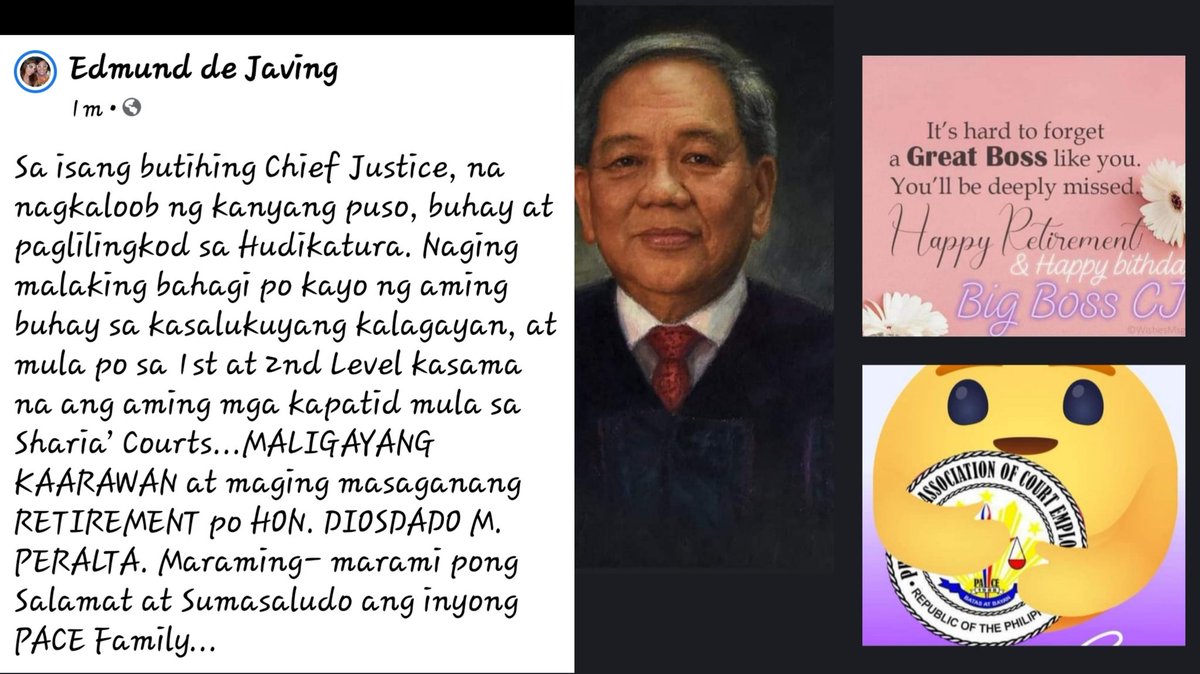 pekta23's tweet photo. @SCPh_PIO From the President and other officers of the Philippine Association of Court Employees (PACE), Happy Birthday, our dear CJ Dado. God bless and Godspeed! https://t.co/KK6CEorqt7