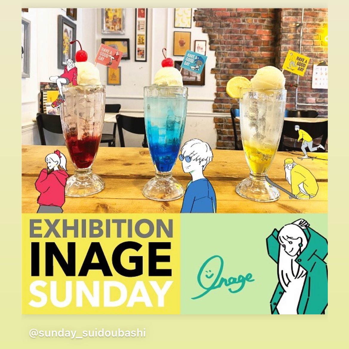 17inageillust's tweet photo. いよいよ明日から1週間展示です！

コラボ商品として3色のクリームソーダフロートを販売いただきます！🍒🍹✨

店長さんが作ってくれたデザインが可愛すぎる…🥺
（赤に乗ってるやつとか、黄色の右奥とかも見て…🔍）

これから設営に行ってきまぁす！🌸 https://t.co/WiF33OzzfT