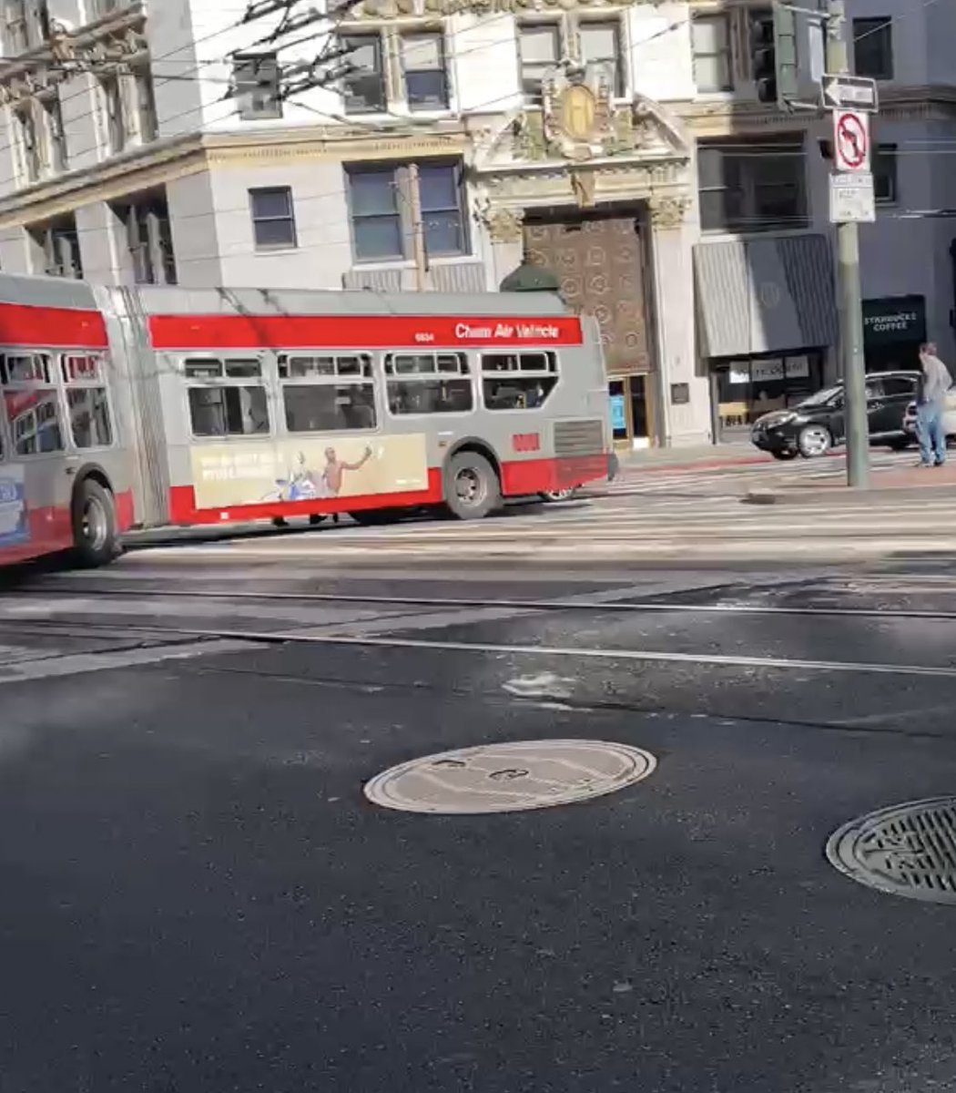 ptraughber's tweet image. Not to be outdone by the Ever Given in the Suez, the N Judah bus has run aground on Market Street, blocking all traffic in both directions.