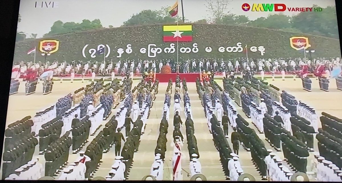 MayWongST's tweet photo. #Myanmar's Armed Forces Day today where the #military chief gave his usual address, showing off military might. Last year, such a parade was cancelled due to #Covid19. In speech, he thanked #Russian defence delegation in attendance for their support #WhatsHappeningInMyanmar https://t.co/SdvrxpLWS1