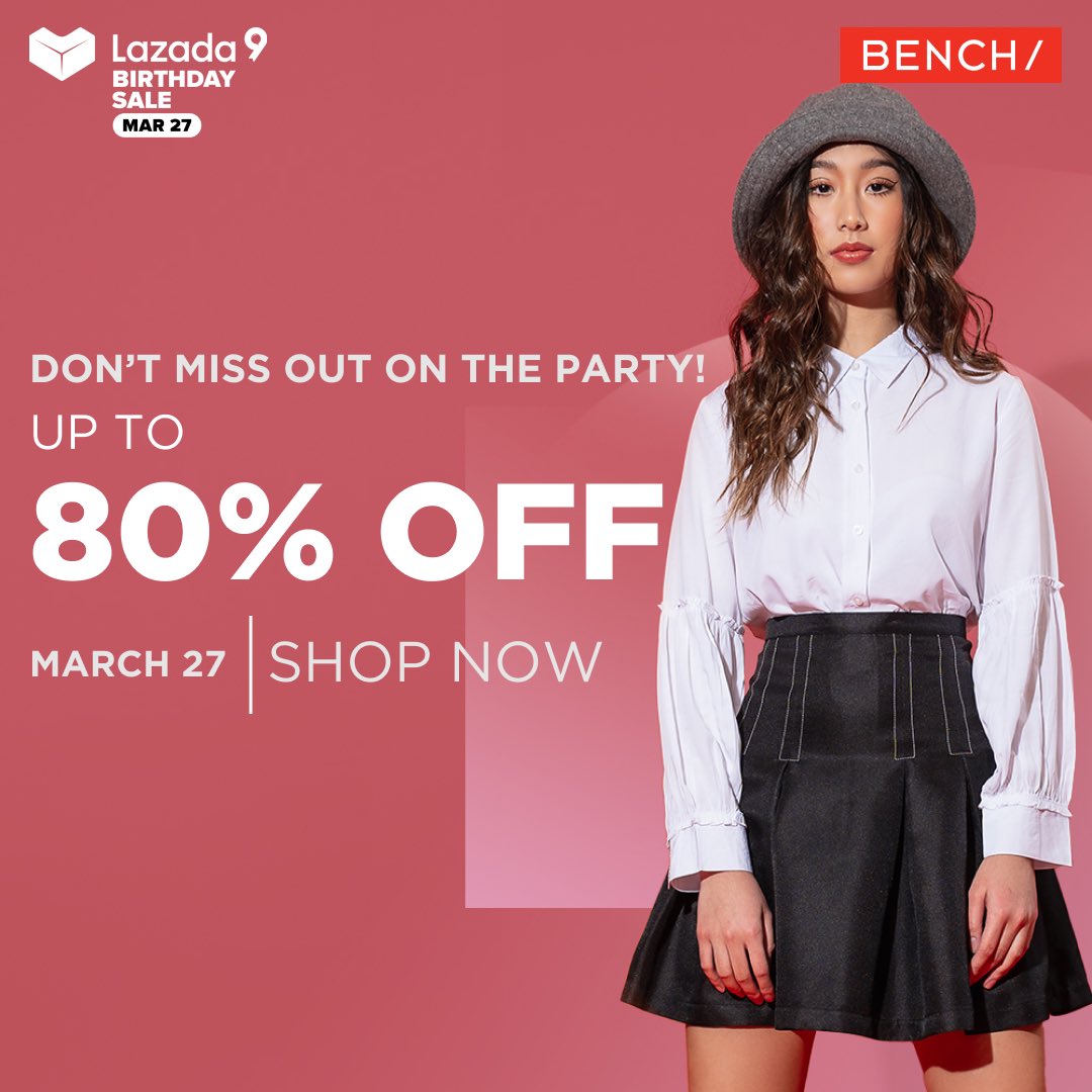 benchtm's tweet photo. It’s Lazada’s birthday and we’ll shop ‘till we drop if we want to! 🥳🎂🛍️ Enjoy discounts of up to 80% off on your favorite items from BENCH/ this March 27! What are you waiting for? Visit https://t.co/IZPyJDhbOE and shop now! 🛒✨ https://t.co/b3NdnLQqTH