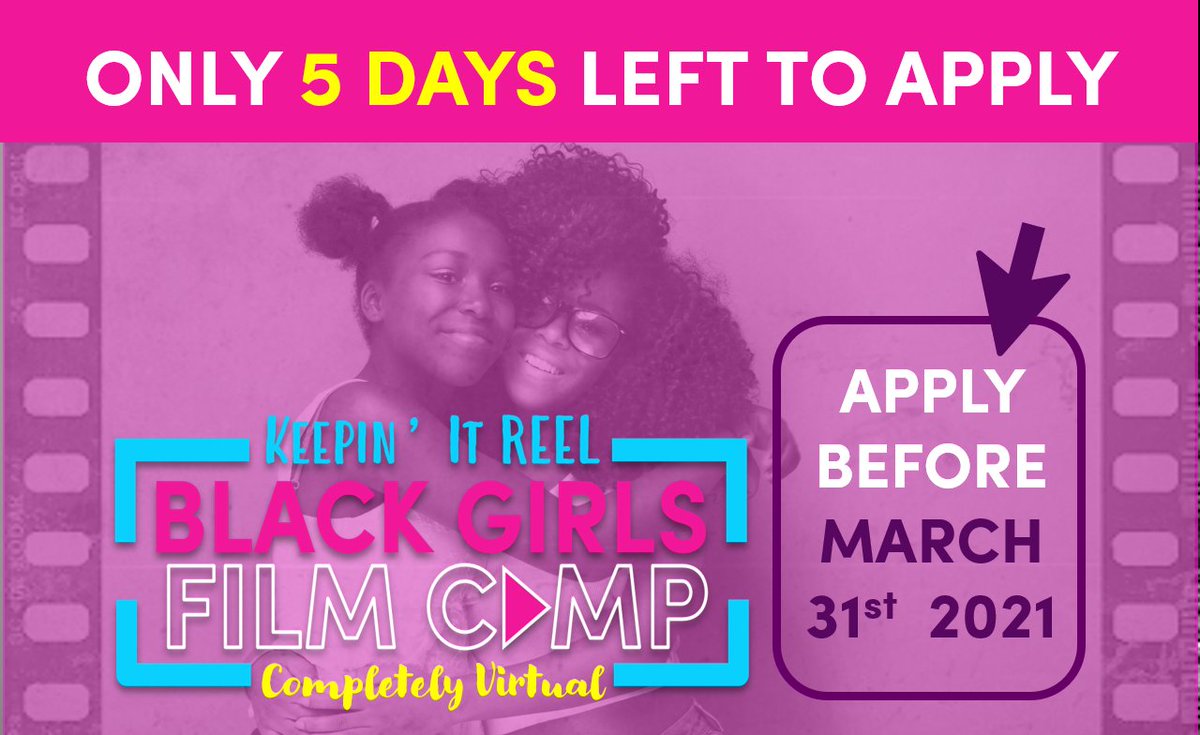 ONLY 5 DAYS LEFT TO APPLY FOR THE #BlackGirlsFilmCamp!! Ten girls in grades 9th - 12th will be selected to participate in this FREE virtual experience. Participants will work with industry professionals to create their own short films. Link to apply: docs.google.com/forms/d/1F3Eq7…