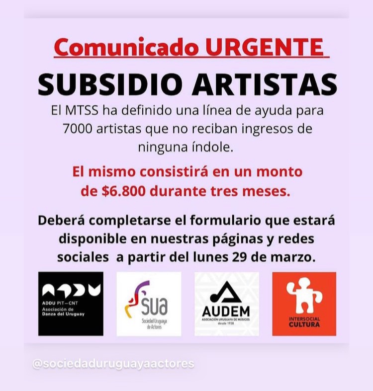 DDelgrossi's tweet photo. ATENCIÓN COLEGAS ARTISTAS! Subsidio para 7.000 compañeros que no reciban ingreso de ninguna índole. 🎭 #Subsidio @MTSSuy #SUA @PITCNT1 #Audem @CulturaMEC @MEC_Uruguay
#IntersocialCultura https://t.co/4SFZ4Mhj84