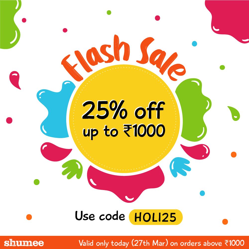 🎉 #SALE #HoliHai 
24 Hour Flash Sale on Toys &amp; Games. Indoor games, games for travel time, tons of pretend play sets, toys that are perfect for the summer outdoors - we have it all! 
A limited time offer that gives you Flat 25% off sitewide! shumee.in  #toysale