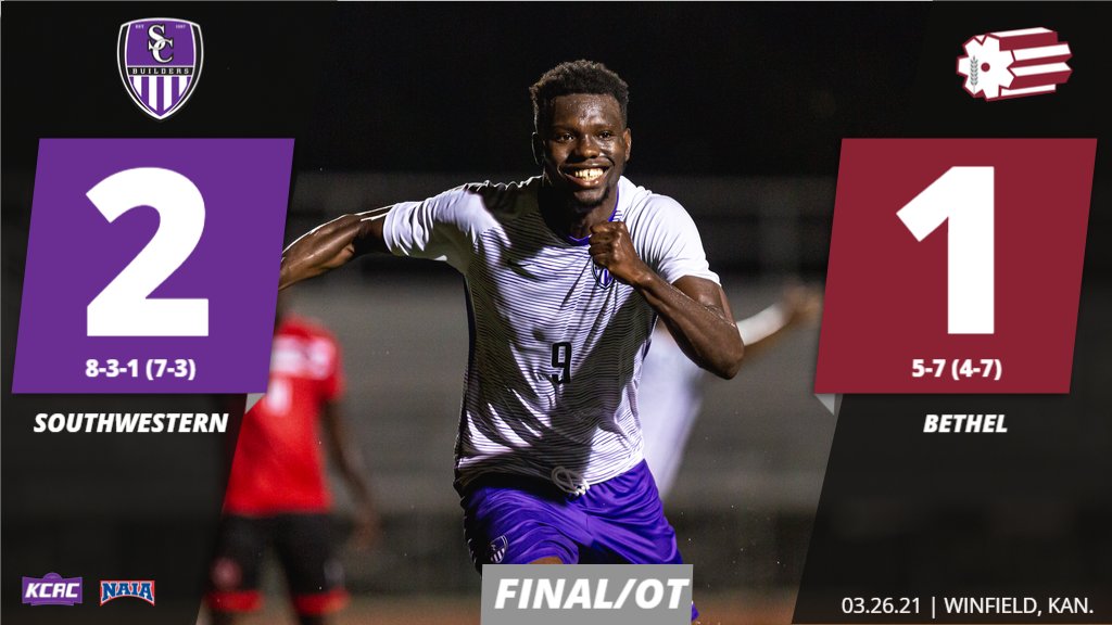 That's the game! Francis Watson sends in the game-winner in OT and <a href="/BuilderMSoccer/">Southwestern Men's Soccer</a> comes from behind to knock off Bethel! #KCACscores