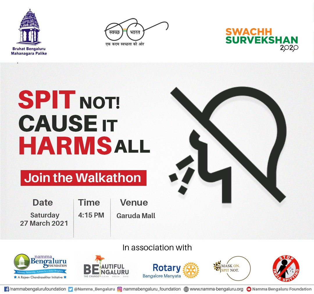 Namma_Bengaluru's tweet photo. BBMP’s Marshalls squad in association with @Namma_Bengaluru & @BeautifulBluru is organising a walkathon to create awareness on Stop Spitting for a Swachha Swastha Sundara Bengaluru.
Join us @Garuda Mall on Saturday, 27 March at 4.15 pm
#StopIndiaSpitting #MaskOnSpitNot https://t.co/pZk4eolJRb