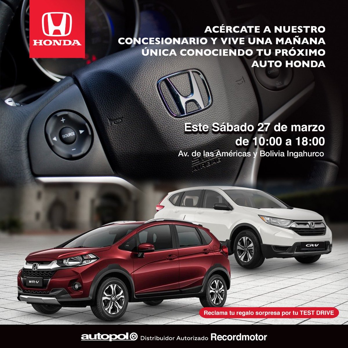 Ibarraraceli's tweet photo. ‼️ATENCIÓN‼️
Vén a nuestro Concesionario #AutopoloHonda y disfruta de una mañana única CONOCIENDO TU PRÓXIMO AUTO #HONDA.
➡de 10:00 a 18:00✅
✨ Realiza tu TEST DRIVE y reclame su 🎁regalo sorpresa.
➡ Visítanos en Av. de las Américas y Bolivia Ingahurco.
#HondaEcuador https://t.co/2BKazqQnR1
