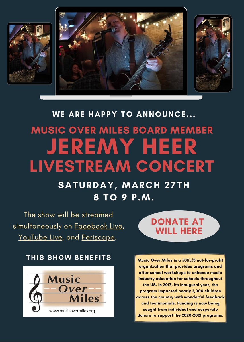 dariceg1's tweet photo. Check out this livestream tomorrow night to raise funds for music education charity @musicovermiles  #musiceducation https://t.co/OlghHF891P