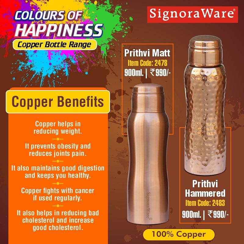SignoraWare's tweet image. Colours of Happiness range

Copper Water Bottle (Matt and Hammered)

• It helps in reducing weight
• It fights with cancer if used regularly
• Maintains good digestion
• Prevents obesity 

#signoraware #coloursofhappiness #copperbottles #waterbottles #copper #summer  #healthy
