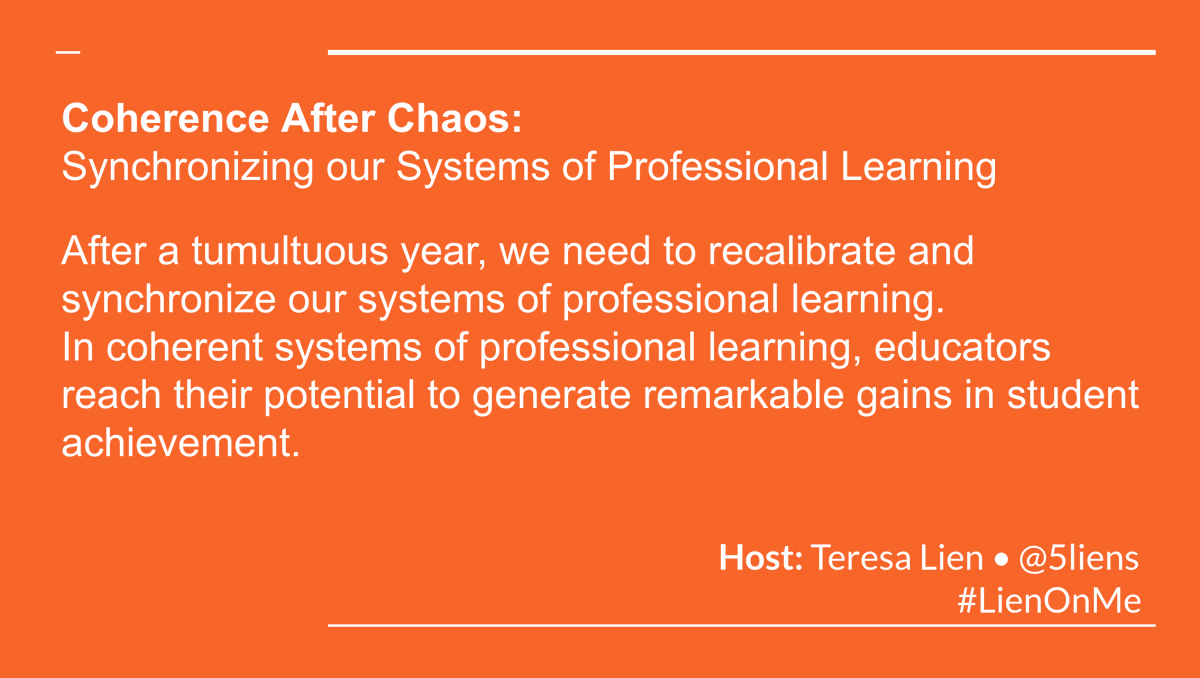 5liens's tweet photo. Grab your device to join #satchat at 7:30am EST. 

We need you to join us. We are all looking for "Coherence After Chaos."

In coherent systems of professional learning, teachers reach their potential to generate remarkable gains in student achievement.

#LienOnMe https://t.co/wT8jYsI9Vq