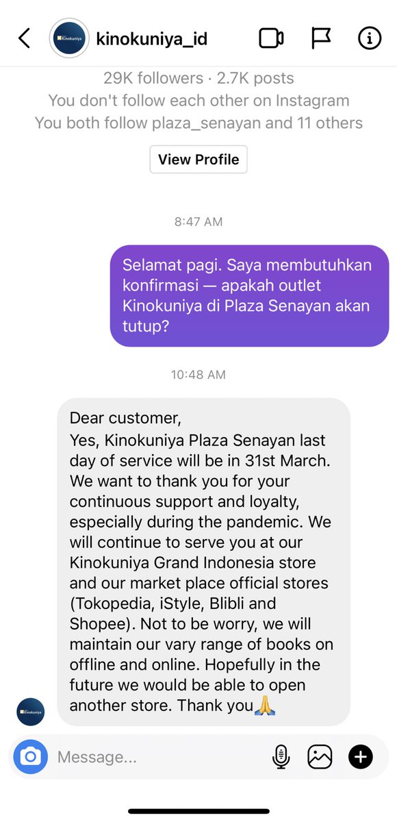 VVYND's tweet photo. It’s official. Kinokuniya Plaza Senayan is closing. Their last day of service is on 31 March 2021. @Kinokuniya_indo 

#ThankYouKinokuniyaPS https://t.co/6vu7mvc8GL