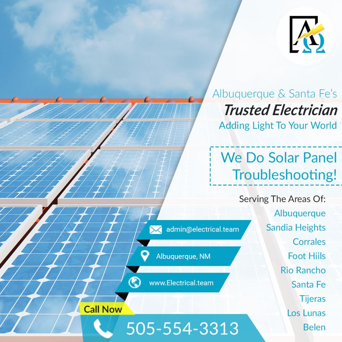Alpha_Omega_ABQ's tweet photo. 🌞 Do you have solar panels on your home that aren't performing like the did in the beginning? Did they stop working altogether? 

We will come out and troubleshoot the solar panels on your #NewMexico home! Give us a call at 📲(505)554-3313.

#Albuquerque #SantaFe #Electrician https://t.co/LGHh42JuRX