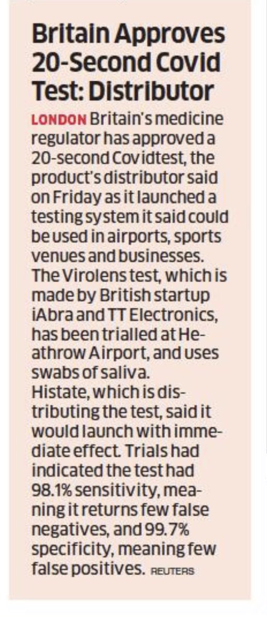 amitsurg's tweet photo. Britain approves a 20-second COVID test. Trials showed the test has a 98.1% sensitivity and 99.7% specificity. Can be a much superior alternative to Rapid Antigen test which has a pretty low sensitivity. https://t.co/jCbudEUGvP