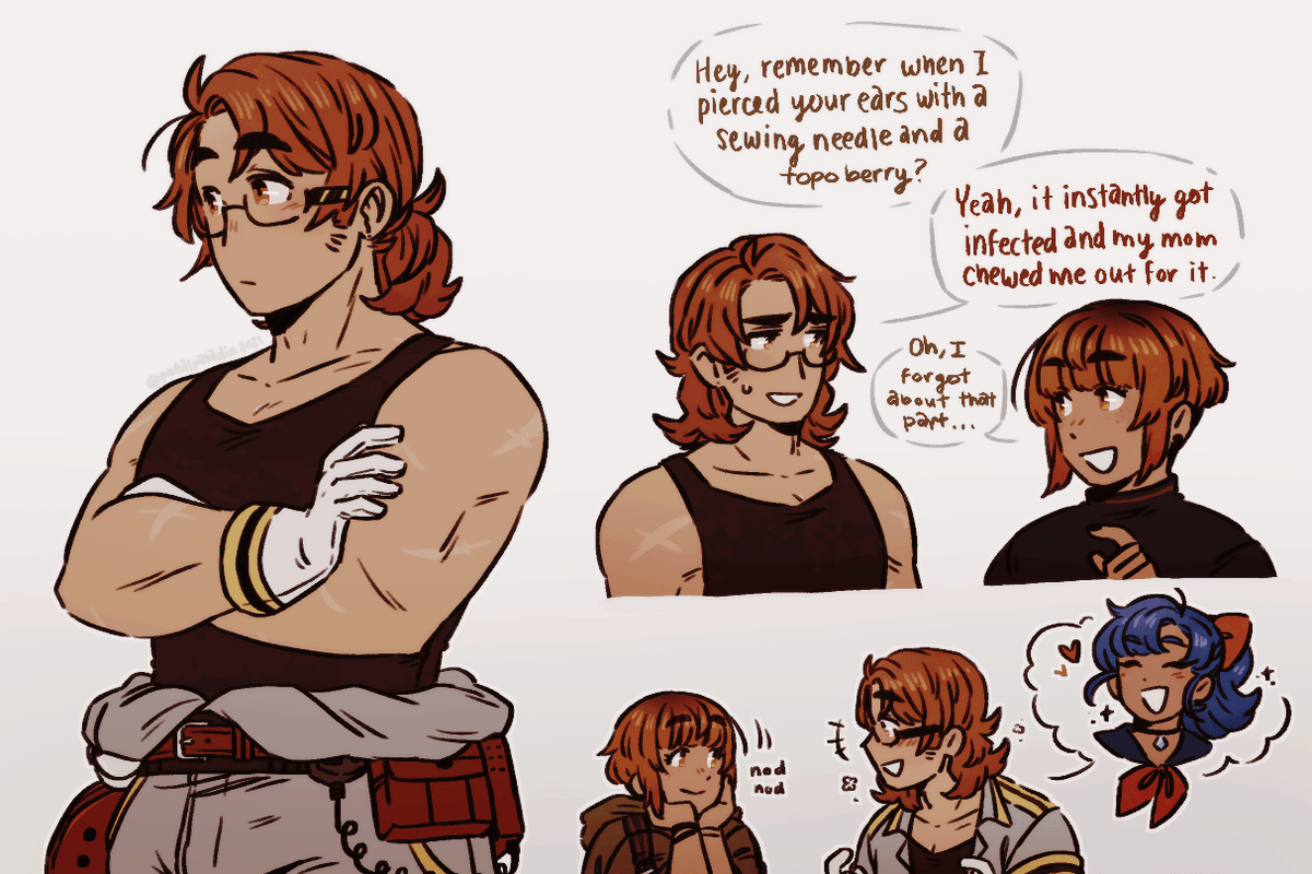 petalpaladin's tweet photo. [#PKMN | roark &amp; gardenia] some doodles of my roark + gardenia redesigns bc i love the idea of them being friends so much (feat. a lil cora @arcadekore, bc i can't not include them.) #GymLeaderRedesign https://t.co/PjUMpXeLtC