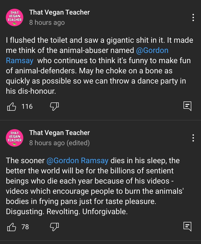 RT @BobMinion18: Breaking That vegan Teacher is now wishing death on Gordon Ramsay #ThatVeganTeacher https://t.co/z4ZPxkDjpY