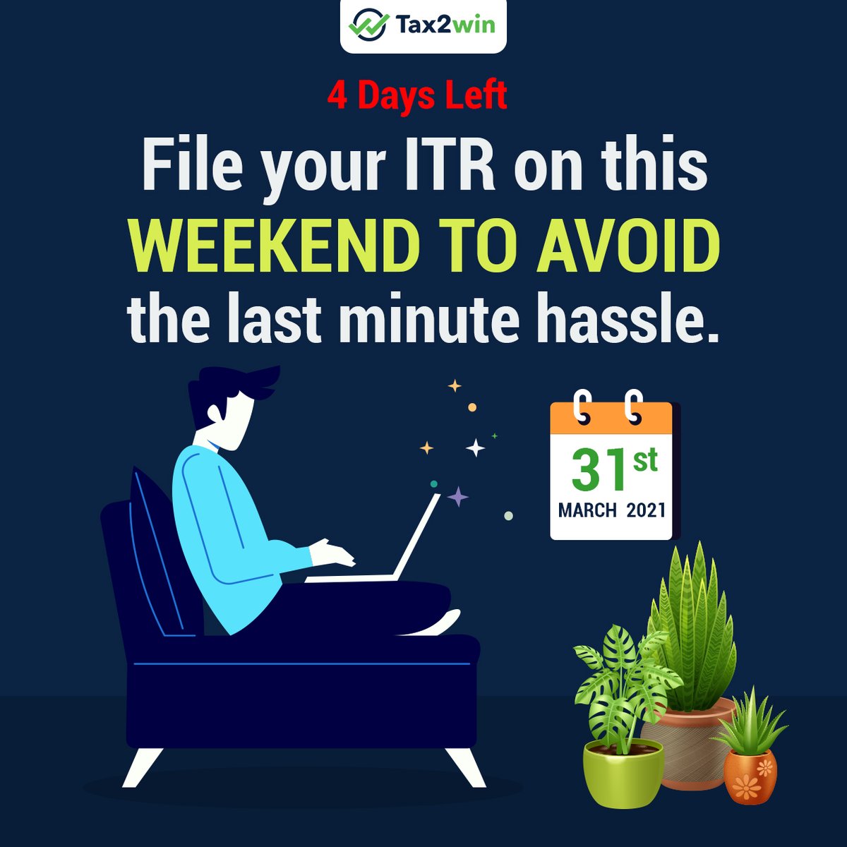 Let this weekend be productive. File your ITR and be relaxed on coming weekends.
tax2win.in 
#Tax #Taxtime #Incometax #Incometaxfilling  #Easyfilling #Hasslefreeprocess #Tax2win  #4DaysLeft