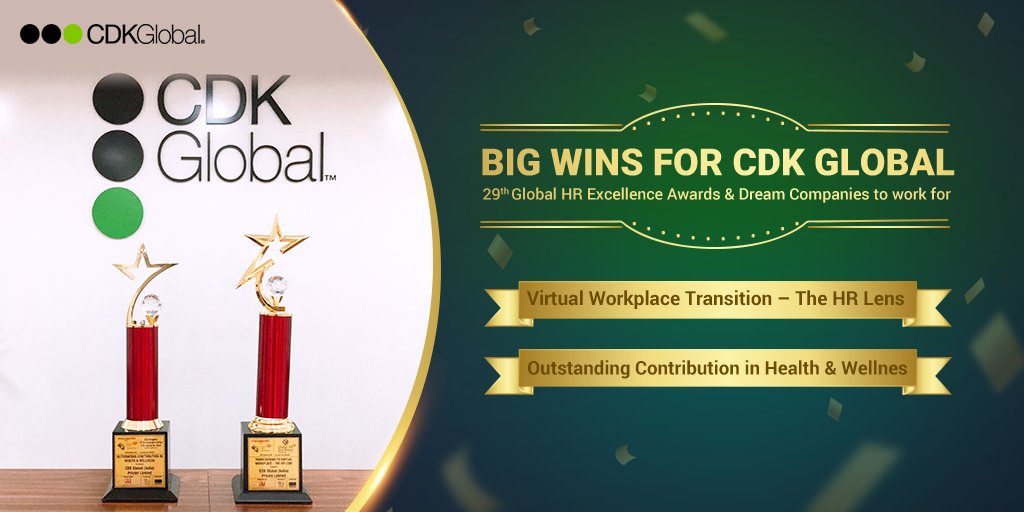 We are proud to announce that #CDKIndia has received two awards – The virtual workplace transition award (The HR Lens) and the Outstanding Contribution in Health &amp; Wellness award, at the 29th Global HR Excellence Awards and Dream Companies to work for. #WorldHRD