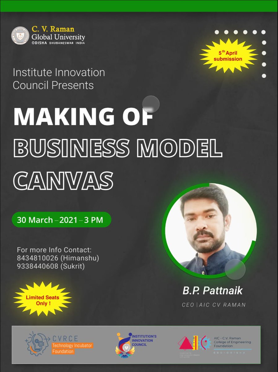 iic_cguodisha's tweet photo. Greetings from team IIC CGU, Odisha.
We are finally back into normal mode after a long gap. To mark this great achievement we bring an interesting session of Bussiness Model Canvas in physical mode .

The link for the event is - https://t.co/6K7WdGPuSf
#AICTE #UGC #moe #mic #iic https://t.co/AFucR93NlT