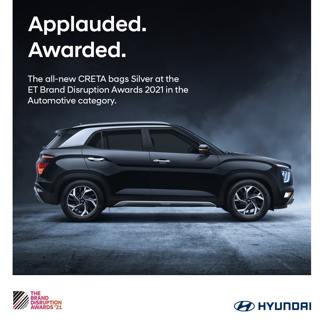 HyundaiIndia's tweet photo. We're delighted to announce that the all-new CRETA launch has been awarded as the "Best Campaign in Automobile Category" by @ETBrandEquity Brand Disruption Awards 2021!
.
.
#ETBrandDisruption #Hyundai #UltimateSUV #HyundaiCRETA #AllNewCRETA https://t.co/gguwe4ZCNd