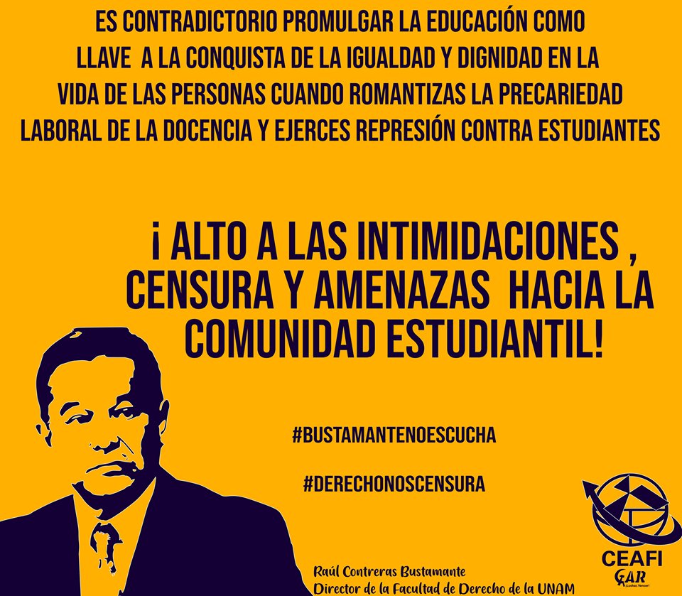 CEAFIGAR's tweet photo. ✊ #UNAMNoPaga | La igualdad y dignidad en la vida de las personas no se alcanzara con la precarización de la docencia y la represión contra estudiantes

¡Apoyo total a las y los estudiantes de la Facultad de Derecho!

#Bustamantenoescucha #DerechoNosCensura https://t.co/QZzeARV3At