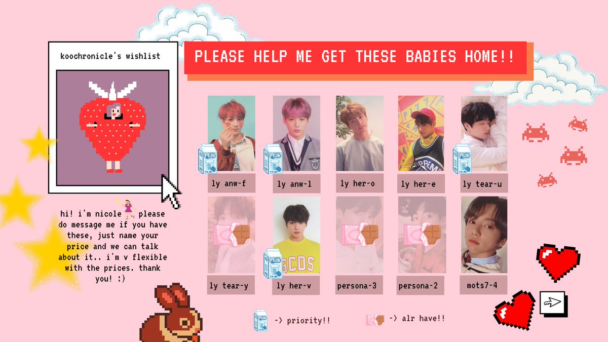 ✧.⋆ updated wish list ˚｡٩(❛ᴗ❛)۶ lfs wtb ph 🧺 please help me get these babies hooome! preferably on-hand. dm me if youre selling any of these huhuhu.. 🏷 jungkook jk jimin jm taehyung v namjoon rm seokjin jin suga yoongi hoseok hobi bts photocards pc