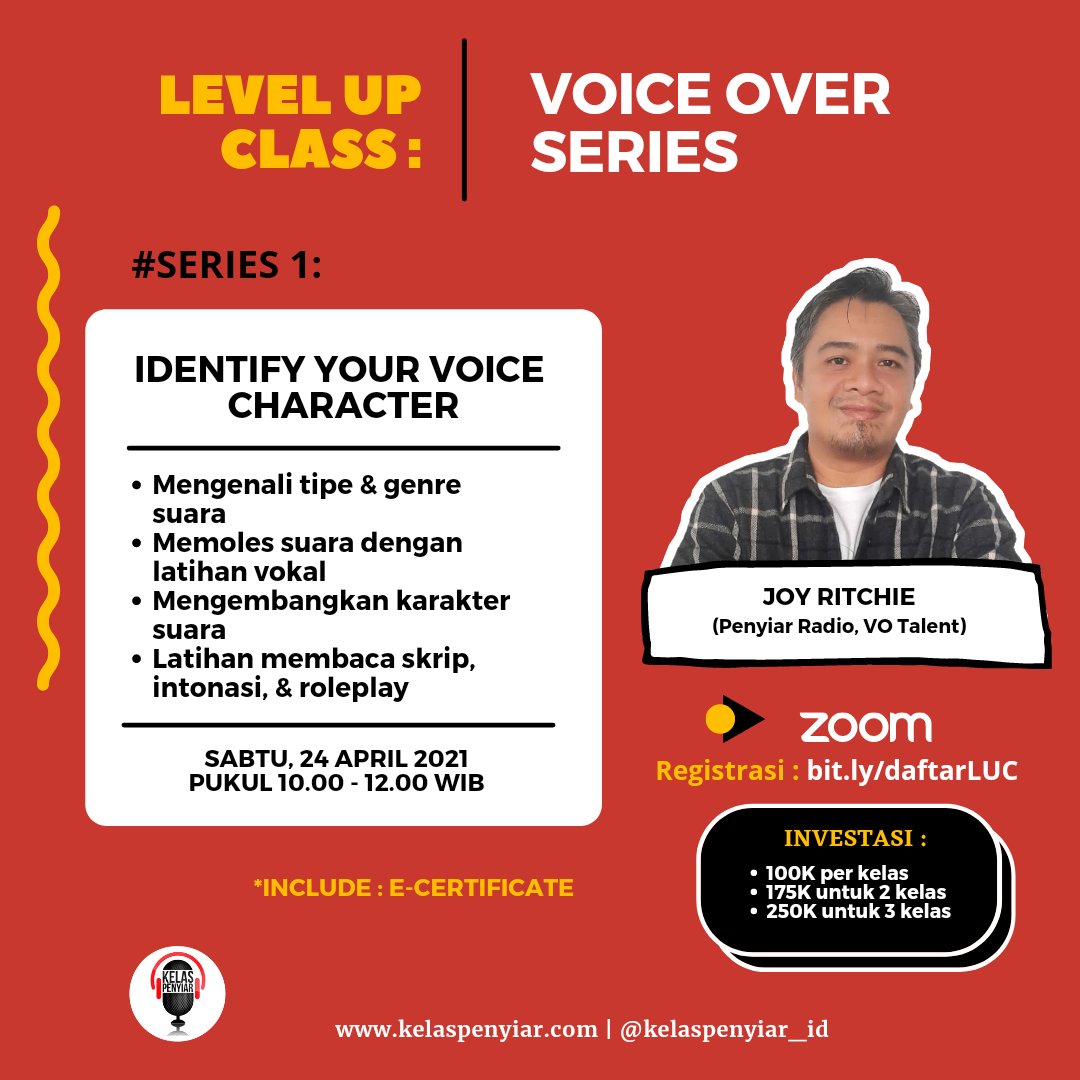 kelaspenyiar_ID's tweet photo. #LevelUpClass : Voice Over Series
Series #1 kita akan belajar "IDENTIFY YOUR VOICE CHARACTER" with @joyritchie . Kita akn mulai belajar dr mengenali tipe suara sampai dgn latihan intonasi, skrip, & roleplay.
Sabtu, 24 April 2021, daftar di https://t.co/IxYycYOCNJ https://t.co/OkwzKcEZKY