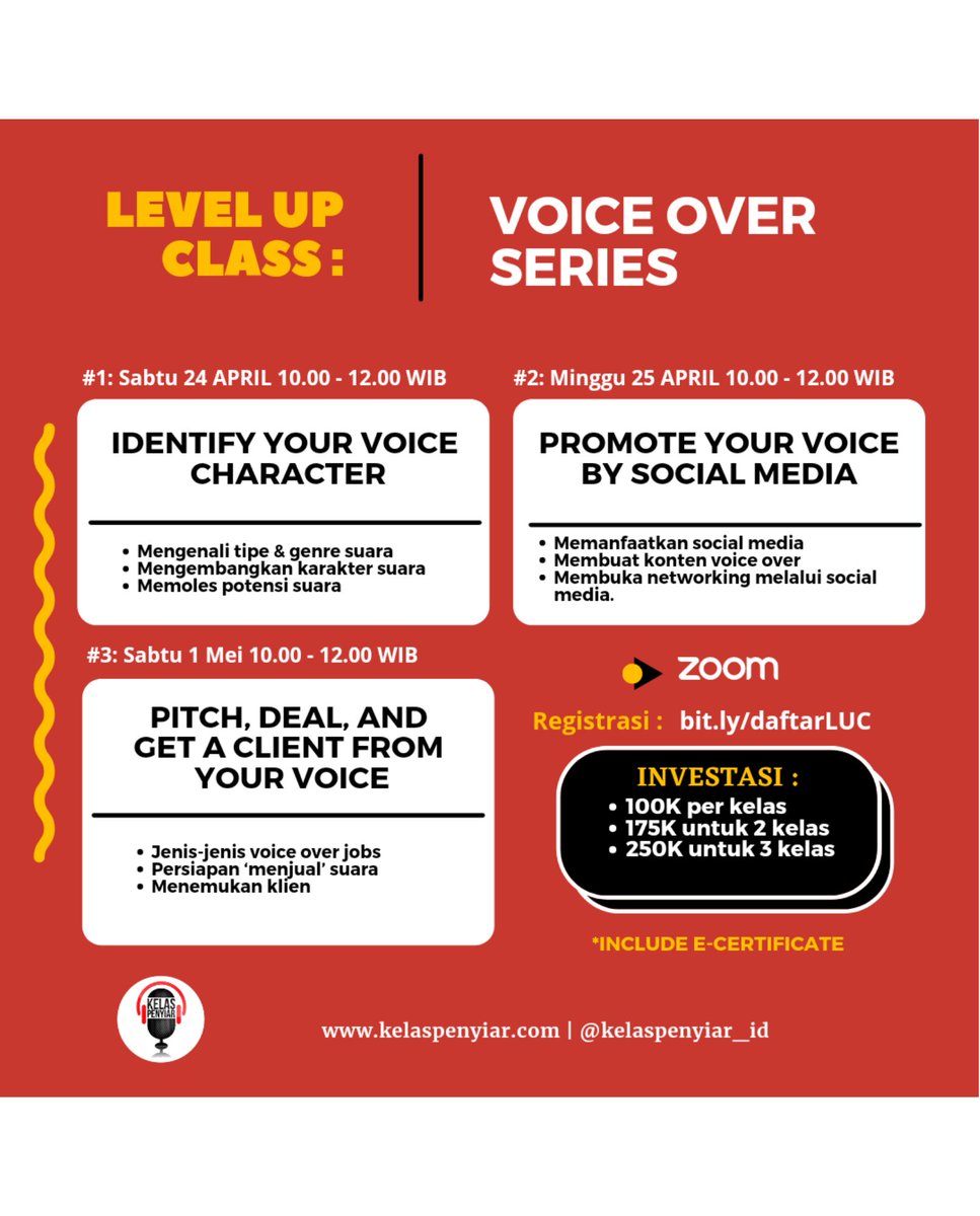 kelaspenyiar_ID's tweet photo. #LevelUpClass : Voice Over Series
Series #1 kita akan belajar "IDENTIFY YOUR VOICE CHARACTER" with @joyritchie . Kita akn mulai belajar dr mengenali tipe suara sampai dgn latihan intonasi, skrip, & roleplay.
Sabtu, 24 April 2021, daftar di https://t.co/IxYycYOCNJ https://t.co/OkwzKcEZKY