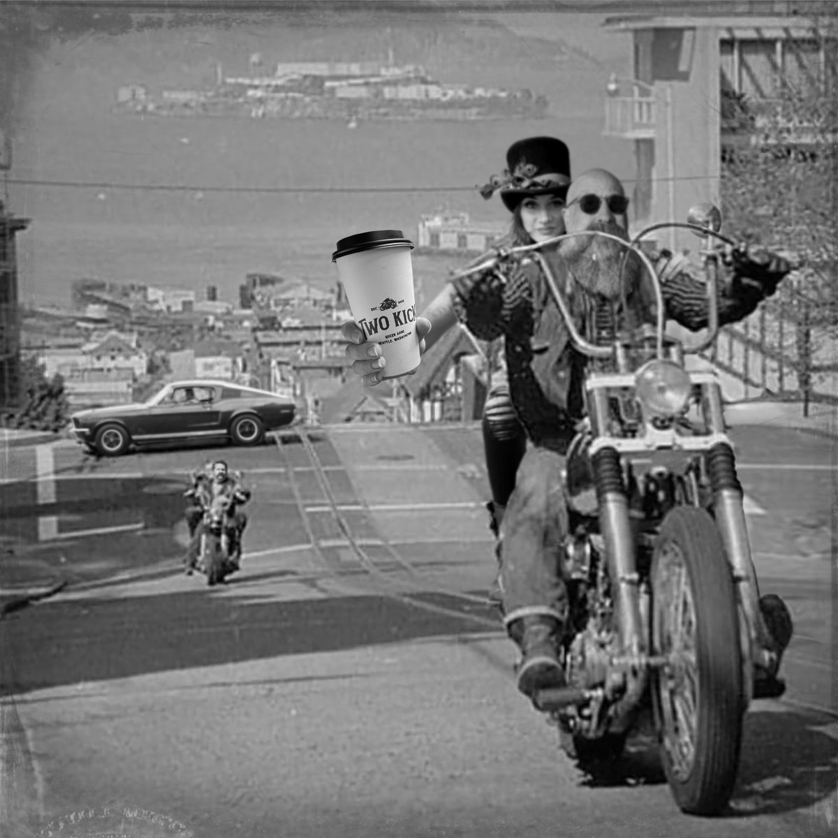 JeffWBurger's tweet photo. “REFILLS AND THRILLS!” Coffee Cafe Bums Out For Kicks...In For Trouble! *IN 3D!!*, selfie with Vanessa Palas. @twokickcoffee #parody #3D #vanessapalas #coffeelifestyle #harleydavidson #tophat #manwithbeard #manofleisure #hotcoffee #damnfinecupofcoffee #choppers #jeffburger https://t.co/fT2KEvB56c