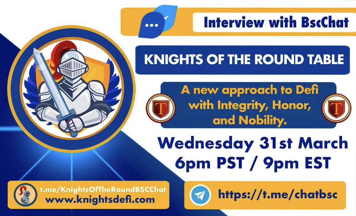 _DNoches's tweet photo. 🛡⚔️ https://t.co/Vu9X8xImps ⚔️🛡 
Just found out that Sir Tris of Knights Defi will be interviewed by @BscChat !

Learn more about Knights of the Round Table including the new addition to the platform, The Battlefield.

https://t.co/2jz29wUyBV
https://t.co/z5VS1qSLJz https://t.co/7zR4kROtW8