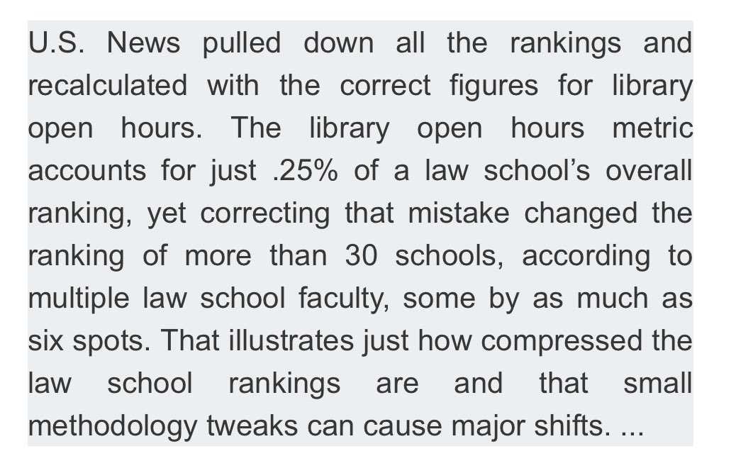 Just spitballing here, but maybe the number of hours the library is open to students shouldn’t have been part of the U.S. News rankings in the first place. taxprof.typepad.com/taxprof_blog/2…