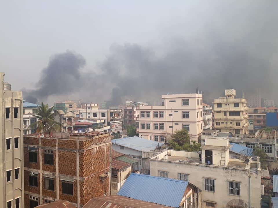 PHOTO: One third of downtown Mandalay are now on alert of fire as several shooting by Min Aung Haling’s security forces.