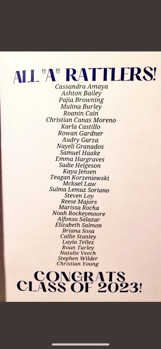 So so proud of our amazing “All A’s” class of 2023 students!!! Your incredibly hard work does not go unnoticed!! It’s an honor to sponsor you. A pandemic cannot even stop you!! #SoProudOfYou #KeepWorkin #RattlerUp #YouRock23 #GearUp2023 🐍🐍👏🏽👏🏽💜💜