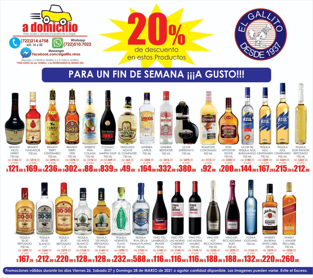 vinoselgallito's tweet photo. ¡Amigallitos! Para este fin de semana les traemos...

#viejovirrey #brandyfundador #brandyterry #sperrys #remymartin #elcompadre #ginebralarios #beefeater #sheridans #coronado #appletonestate #azulbabymango #tequilaazul #tequila3030 #tequila100anos #hornitosplata https://t.co/LgprR6vjIe