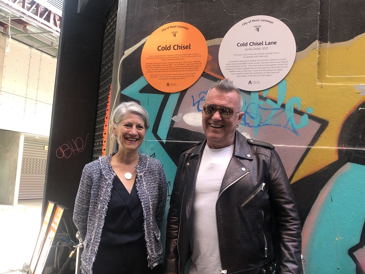 sandyver's tweet photo. We certainly share some history, this town and @coldchisel. Today we launched Cold Chisel Lane with the legendary @JimmyBarnes as part of @CityofAdelaide's City of Music Laneways honouring our musical greats.
 #adelaide #myadelaide #ADL https://t.co/ZbZeAVU6Ky