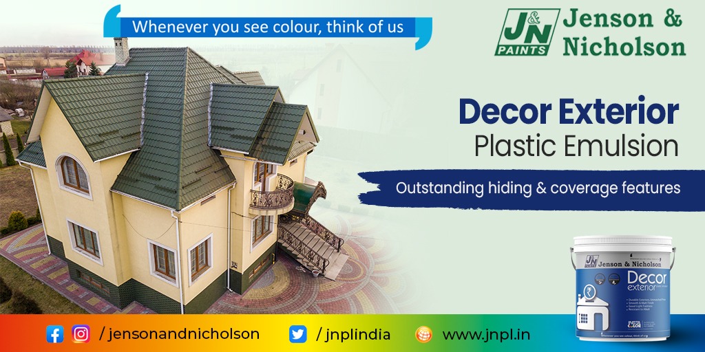 jnplindia's tweet photo. The Decor Economy Acrylic Exterior Emulsion is an exterior wall paint with exceptional hiding &amp; coverage features. It protects against algae formation in dry to medium humid climatic conditions. 

Check us out at https://t.co/STXy2XZ4jz to light up your home.

#PerkOfPaints #JNPL https://t.co/hUYI3vTn3g