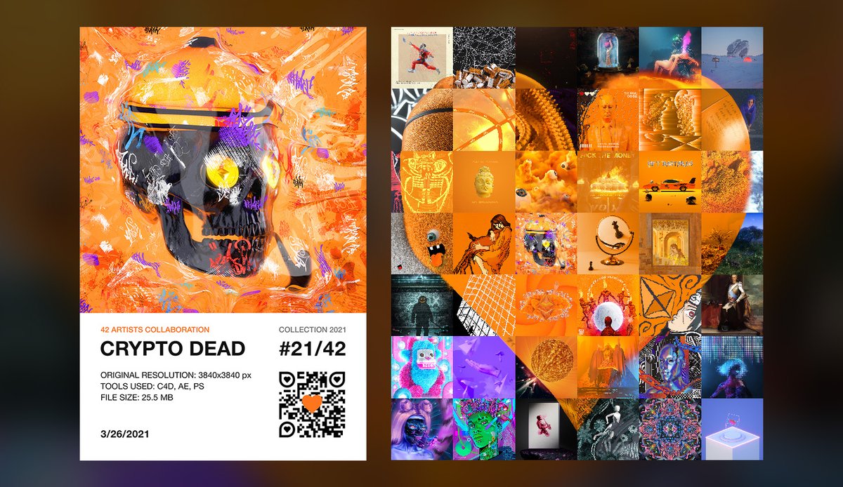 romanmarvell's tweet image. This is a story about unity 🧡
Meet a piece of our gorgeous collaboration of 42 artists who came together in the name of love to create. 

My part of collaboration (21/42) - "Crypto Dead"
rarible.com/token/0xd07dc4…

#42bastards #nft #cryptoart #collaboration