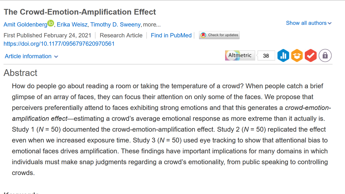 Cool finding that answers two questions: How do people read a room? And why do crowd emotions get amplified?

The answer: people focus on the most emotional faces, which leads them to overestimate the crowd's emotions &amp; react more emotionally themselves! osf.io/cn6qy/