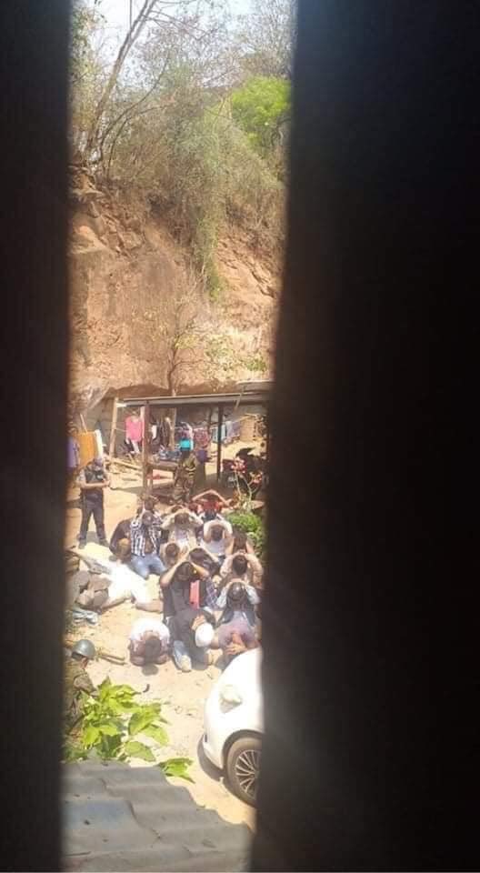 shafiur's tweet photo. #Mar27Coup Kyaukpadaung Township, Mandalay 

Multiple arrests.  People made to kneel with their hands on their heads.  Reports of three people shot.  

#AntiFascistRevolution2021 #WhatsHappeningInMyanmar https://t.co/9UmS8W3CCs