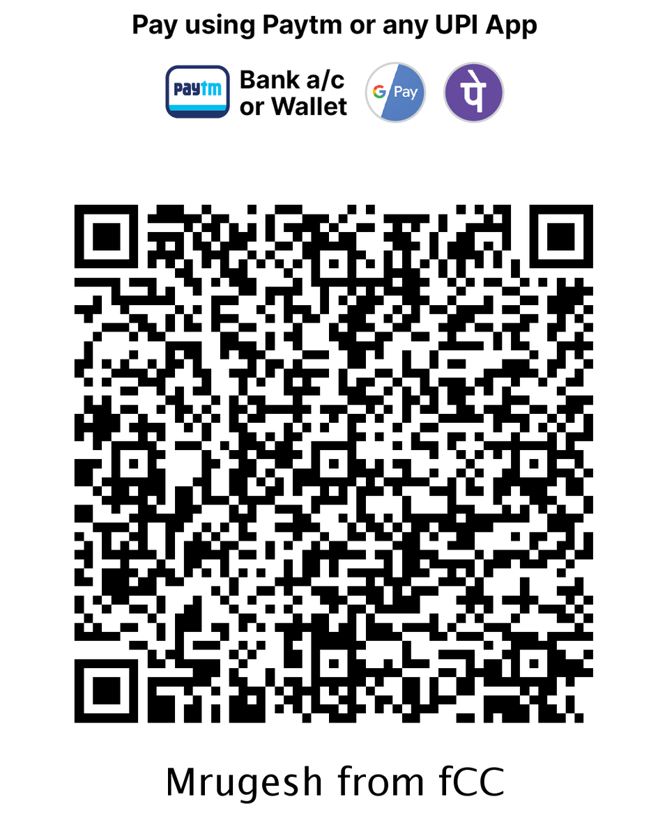 Quincy Larson (@ossia) on Twitter photo If you're in India and want to support <a href="/freeCodeCamp/">freeCodeCamp.org</a>'s Data Science Curriculum Pledge Drive, you can scan this UPI QR code.
When you donate it will say "Mrugesh Mohapatra". This is <a href="/raisedadead/">Mrugesh Mohapatra 🇮🇳</a>. He's on our team, based in Bengaluru.
Learn more here: freecodecamp.org/news/building-… If you're in India and want to support <a href="/freeCodeCamp/">freeCodeCamp.org</a>'s Data Science Curriculum Pledge Drive, you can scan this UPI QR code.
When you donate it will say "Mrugesh Mohapatra". This is <a href="/raisedadead/">Mrugesh Mohapatra 🇮🇳</a>. He's on our team, based in Bengaluru.
Learn more here: freecodecamp.org/news/building-…