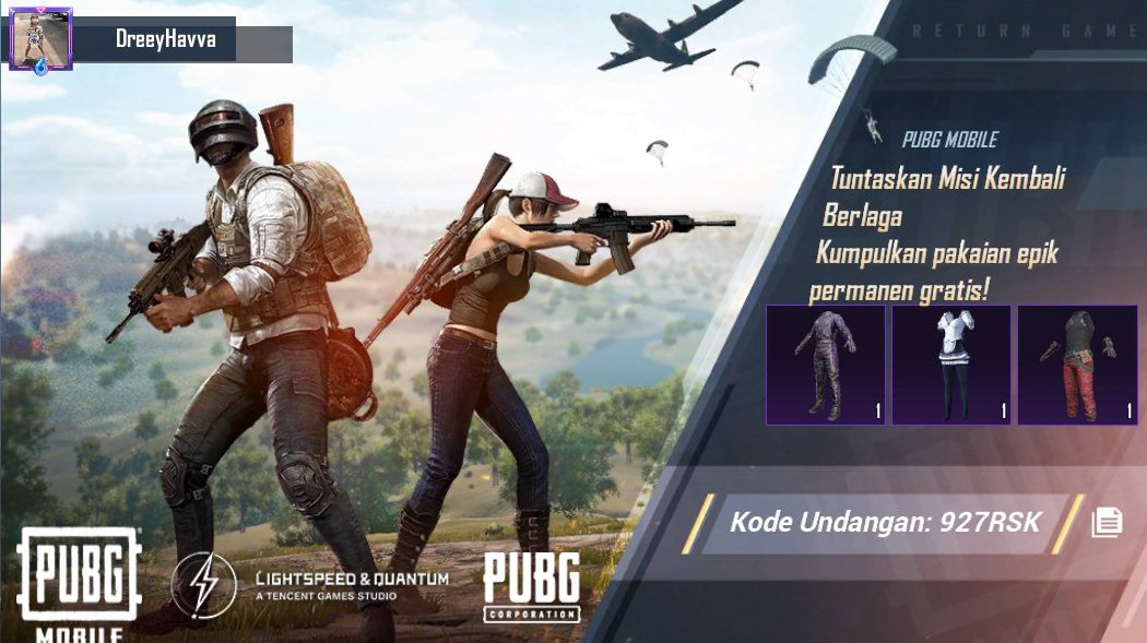 DonieDonald1's tweet photo. Tuntaskan Misi Kembali Berlaga PUBG MOBILE! Kumpulkan pakaian epik permanen gratis! Kode undangan saya: 927RSK https://t.co/VgCDlYugtx https://t.co/shknTzpvLK