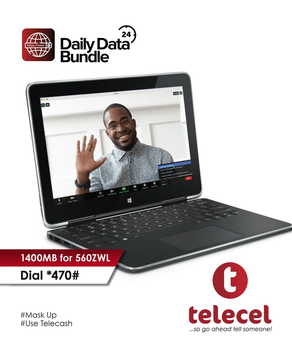 Telecel_Zim's tweet photo. You can do so much more with your daily data bundle from Telecel! Get your bundle today, by dialing *470#. T&amp;C's apply.
#dailydatabundle
#staysafe
#tellsomeone https://t.co/Q8FZtAcBCy