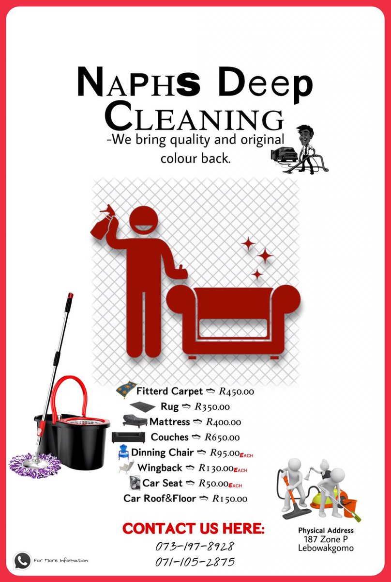 Notlo6's tweet image. Limpopo Fetakgomo, Lepelle Nkumpi, Polokwane and surroundings. We are Naphs Deep Cleaning (carpets, couches, mattresses...)

Mošate.

#DJSBU