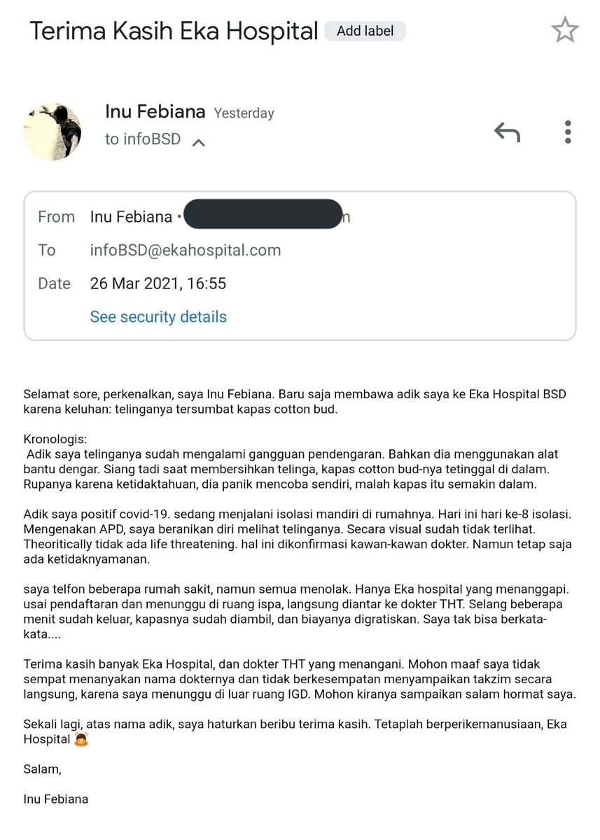 IFnubia's tweet photo. Untuk sebuah kebaikan, sekecil apapun, saya tidak segan-segan mengabarkannya ke seluruh dunia. Bahkan bersaksi di pengadilan Tuhan jika itu diperlukan.

Terima kasih, @EkaHospital BSD 🙇 https://t.co/6vFXJlZaLt